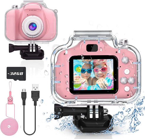 Waterproof Camera Toys for Girls Age 3-12 - Underwater Video Recorder with 32GB SD Card (Pink)